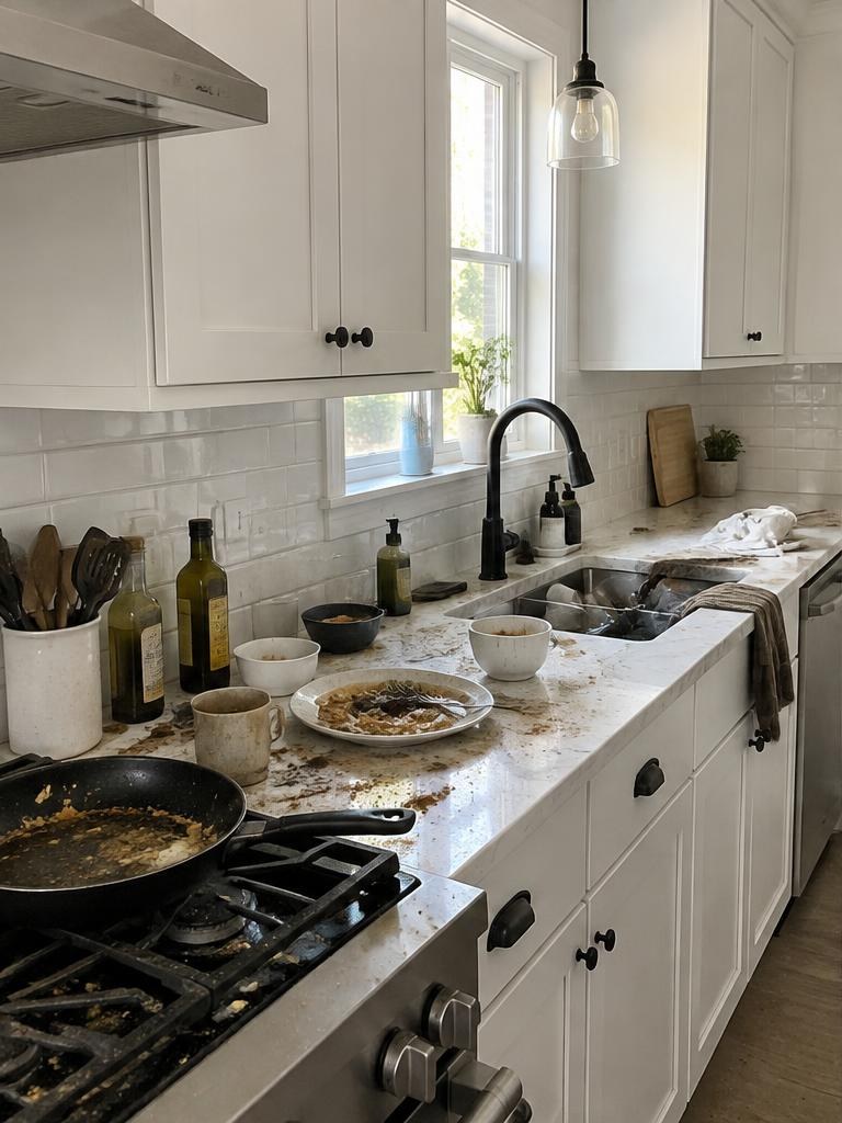 Illustrative kitchen before cleaning with dishes and crumbs