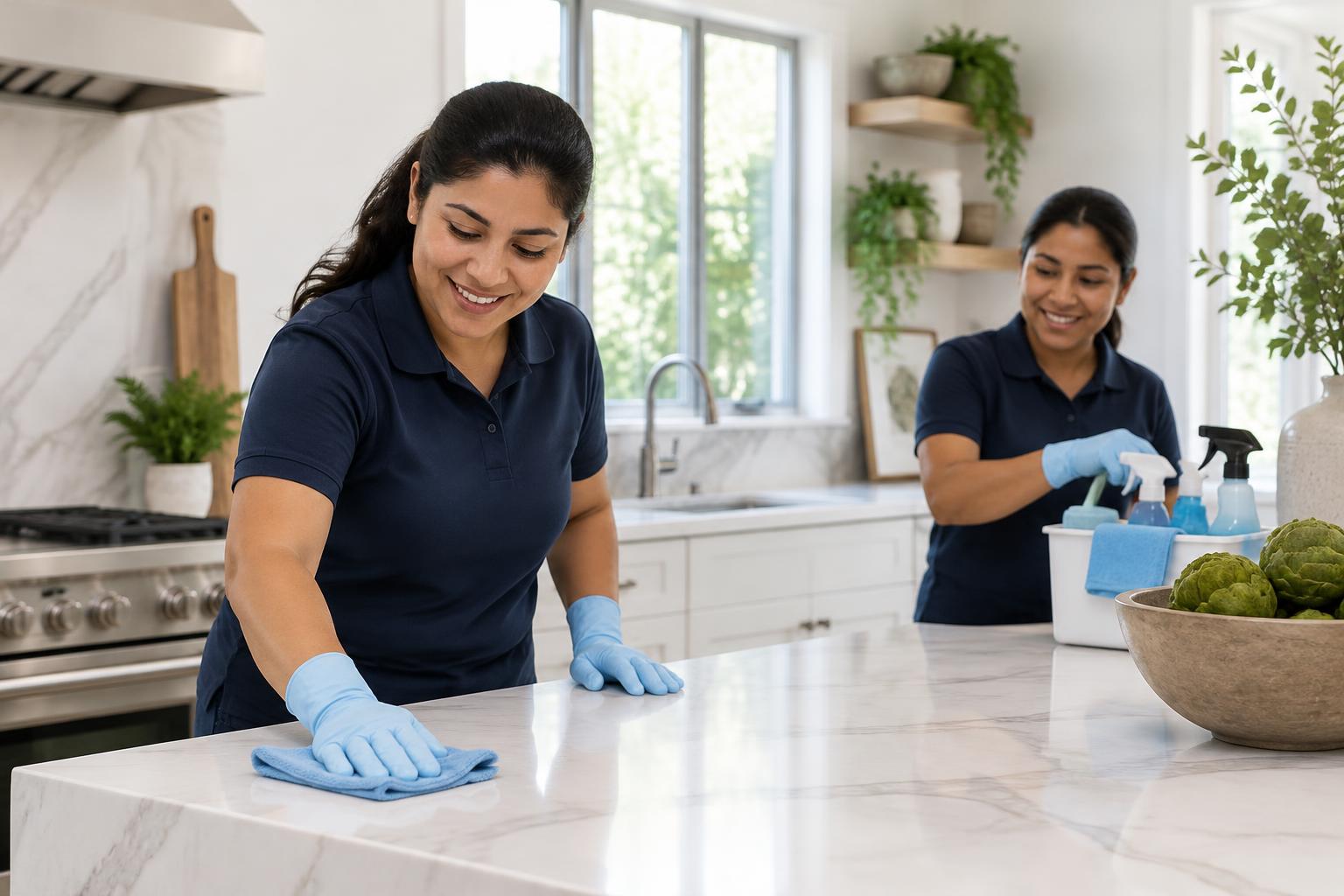 Illustrative professional cleaners carefully polishing a marble kitchen island