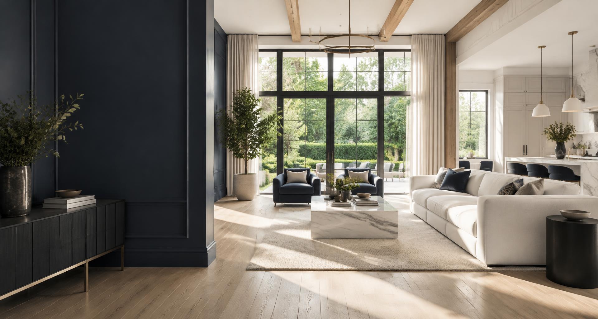 Sunlit luxury living room with a spotless marble kitchen and garden views